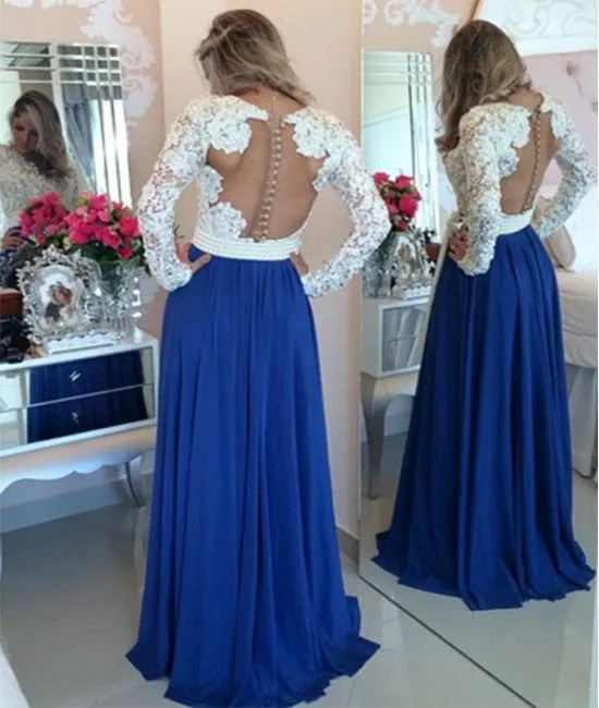 A Line Long Sleeves White Lace Blue Prom Dresses, Blue Evening Dresses