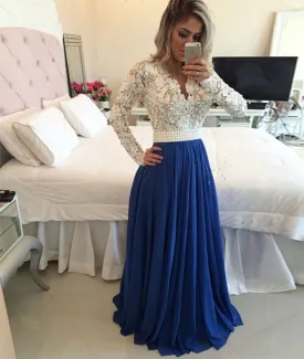 A Line Long Sleeves White Lace Blue Prom Dresses, Blue Evening Dresses