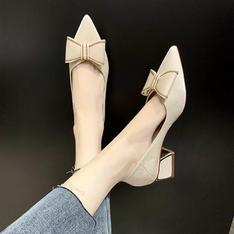 Amozae-  2024 spring and summer bowknot PU material 5CM mid-heel metal decoration square root fashionable breathable ladies high heels