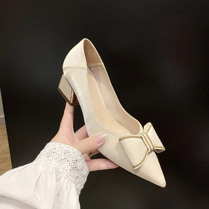 Amozae-  2024 spring and summer bowknot PU material 5CM mid-heel metal decoration square root fashionable breathable ladies high heels