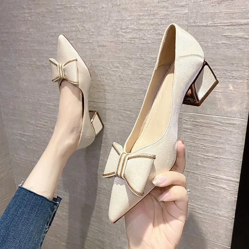 Amozae-  2024 spring and summer bowknot PU material 5CM mid-heel metal decoration square root fashionable breathable ladies high heels