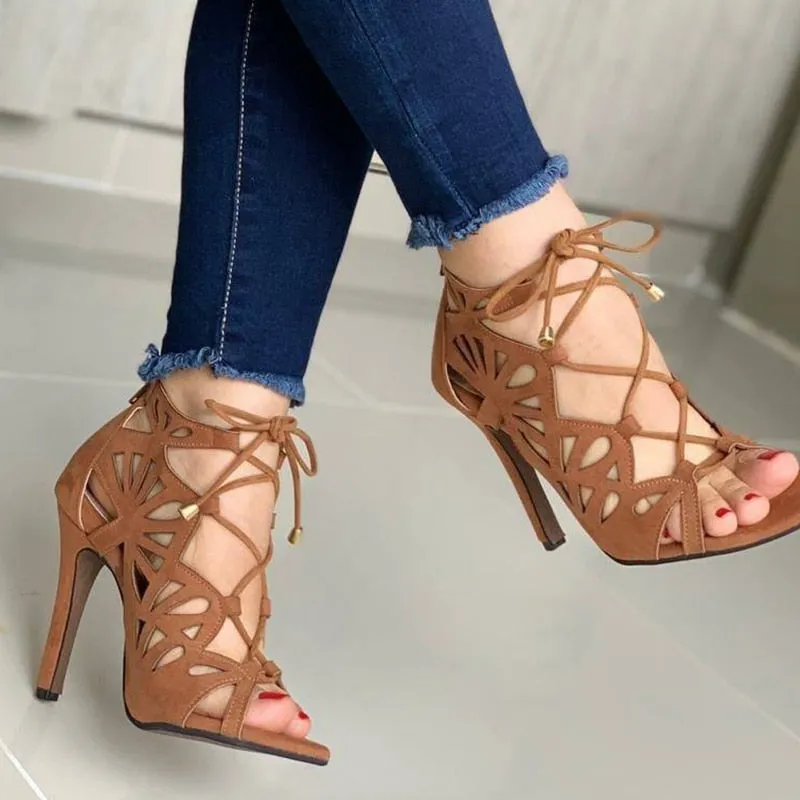 Amozae-Back to College   Fashion Women High Heels Sandals Pumps   Hollow Lace-Up Cross-Tied Females Summer Sandals Peep Toe Party Shoes Women