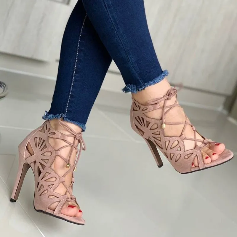 Amozae-Back to College   Fashion Women High Heels Sandals Pumps   Hollow Lace-Up Cross-Tied Females Summer Sandals Peep Toe Party Shoes Women