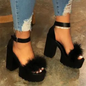 Amozae--Back to school outfit  Woman Platform Fur Sandals Ladies INS Plush High Heels Female PU Leather Non Slip Shoe Women Open Toe Women's Footwear Plus Size