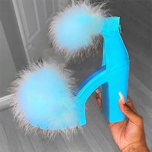 Amozae--Back to school outfit  Woman Platform Fur Sandals Ladies INS Plush High Heels Female PU Leather Non Slip Shoe Women Open Toe Women's Footwear Plus Size