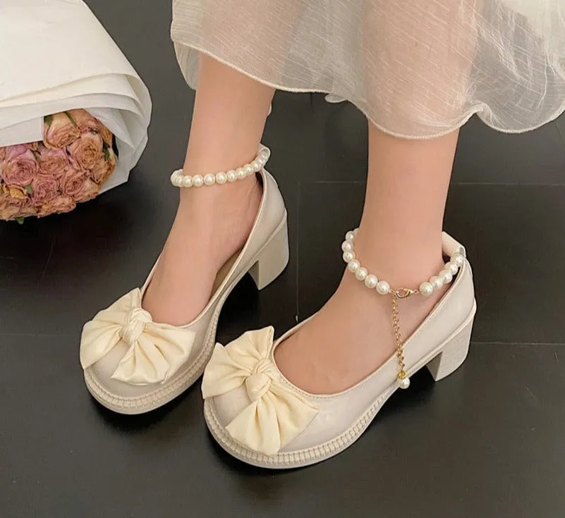 Amozae Summer Ladies Heels Platform Cute Pearl Bow Lace Princess Mary Jane Lolita Shoes Party High Heel Buckle Women Pumps Beige