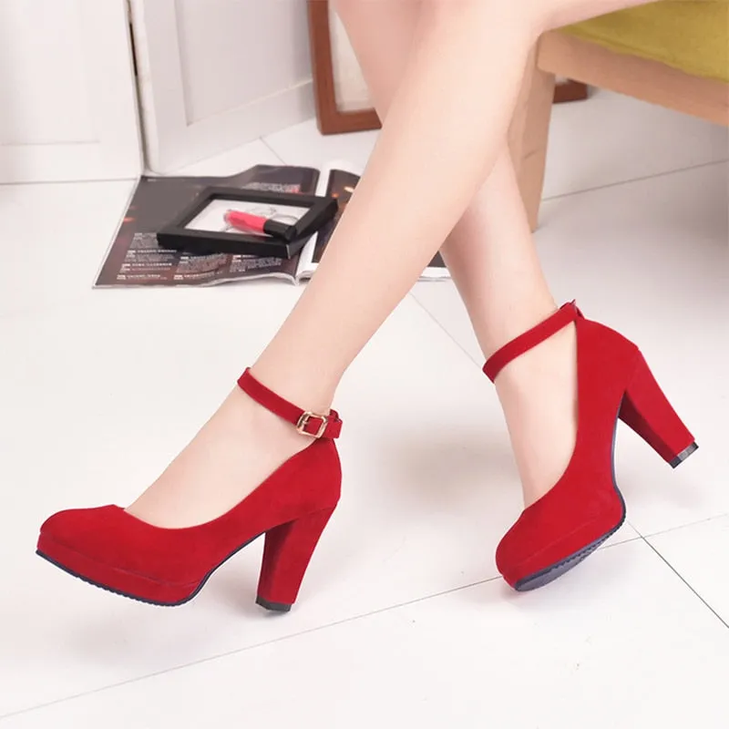 Amozae Women Fashion Flock Pumps Ladies Sweet Thick High Heels Shoes Female Ankle Strap Suede Mary Jane Woman Party Casual Footwear