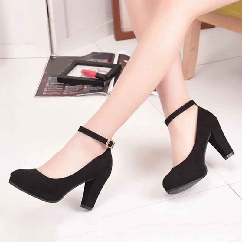 Amozae Women Fashion Flock Pumps Ladies Sweet Thick High Heels Shoes Female Ankle Strap Suede Mary Jane Woman Party Casual Footwear