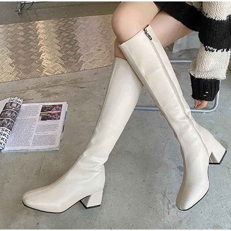 Amozae--Women's Knee High Long Boots Soft PU Leather Shoes Square Mid Heels Ladies Fashion Booties Autumn Winter Female Thigh High Boots