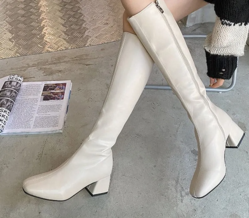 Amozae--Women's Knee High Long Boots Soft PU Leather Shoes Square Mid Heels Ladies Fashion Booties Autumn Winter Female Thigh High Boots