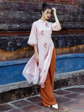 Ao Dai Vietnam Shifted Light Pink Double Sleeve Chiffon Include Ao Dai Top And Pants