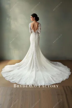 Backless Sheer Sleeve Custom Lace Mermaid Long Train Wedding Dress