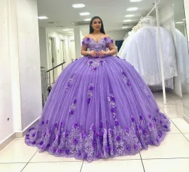 Ball Gown Lace Off-the-Shoulder Lavender Quinceanera Dress