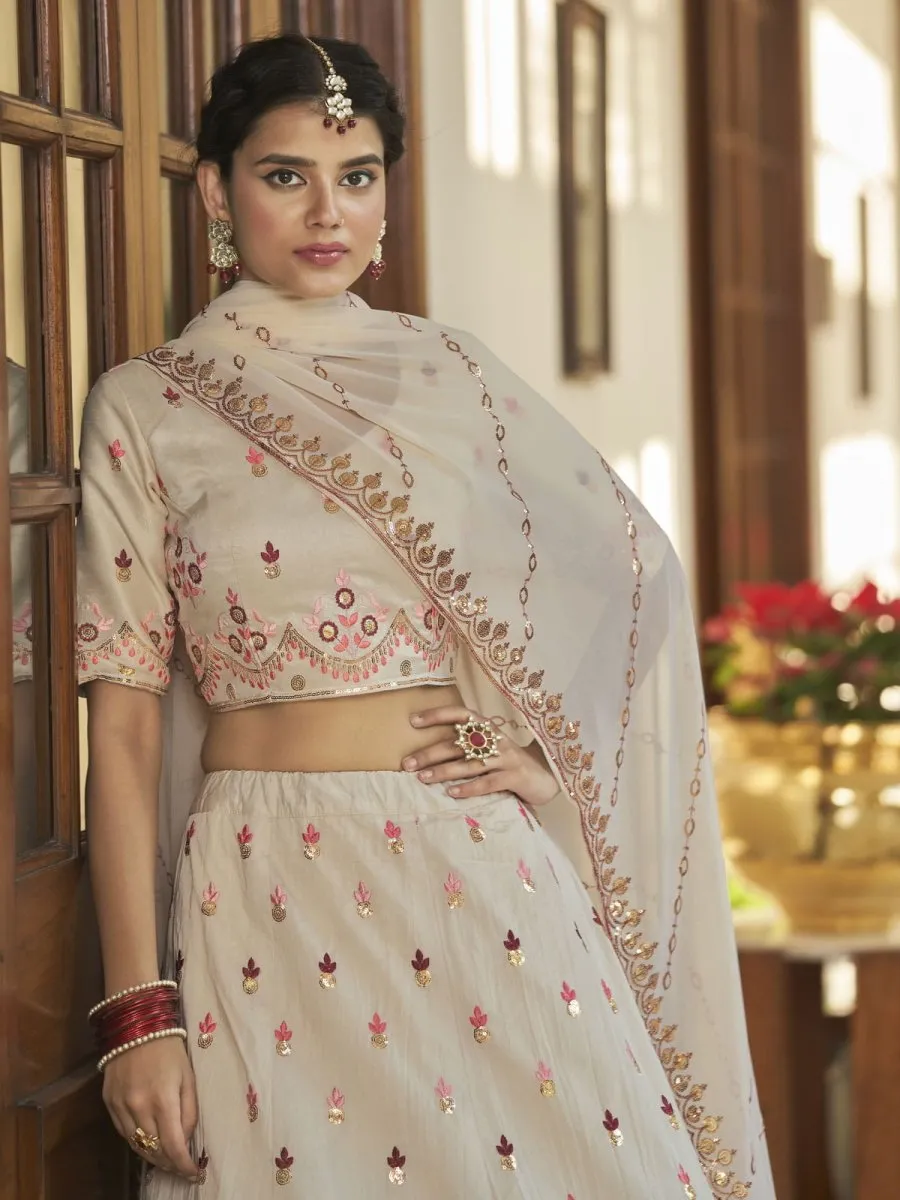 Beige and Maroon Art Silk Embroidered Lehenga Choli