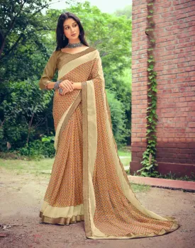 Beige Chiffon Printed Fancy Lace Border Saree for Women