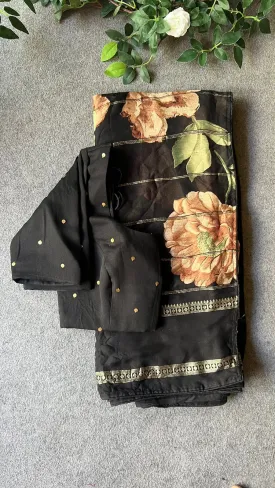 Black chiffon floral saree with handworked blouse