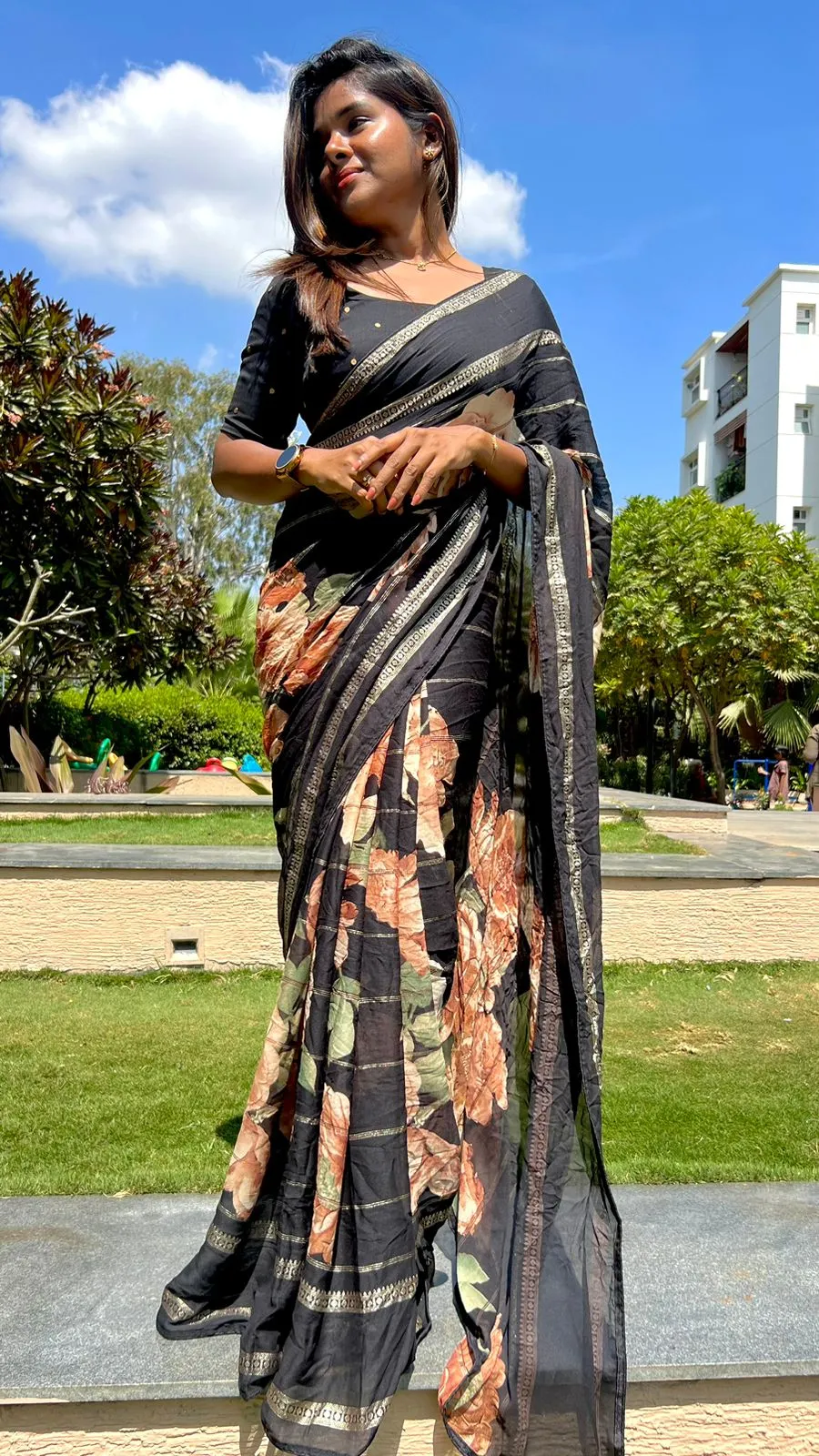 Black chiffon floral saree with handworked blouse