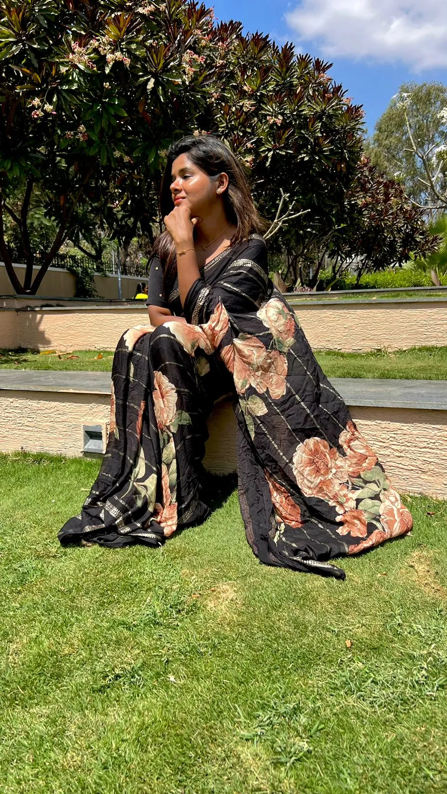 Black chiffon floral saree with handworked blouse