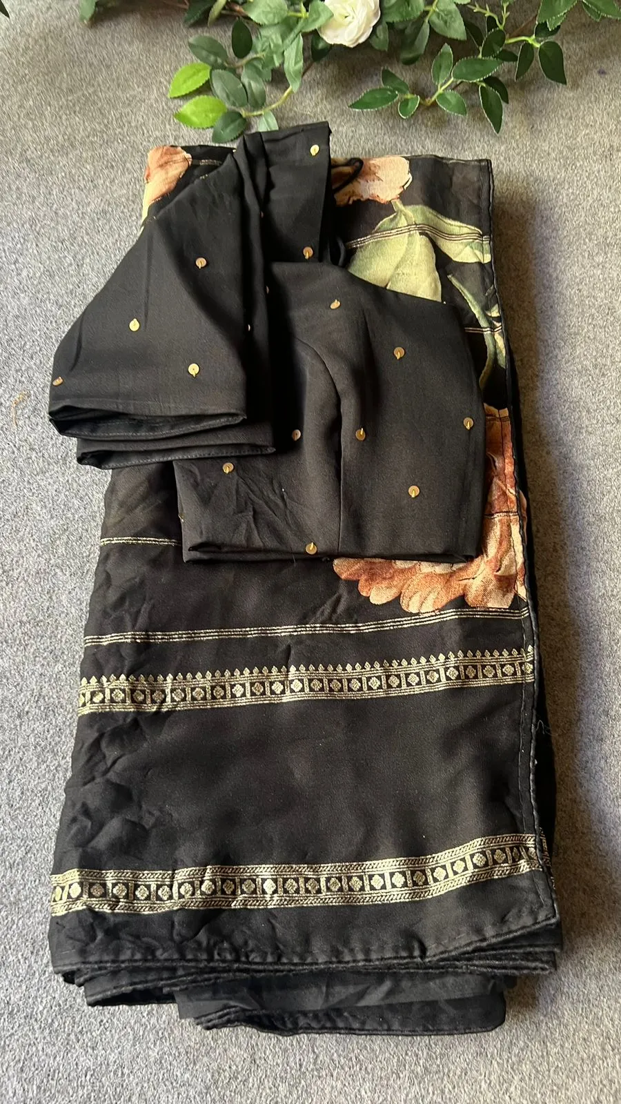 Black chiffon floral saree with handworked blouse