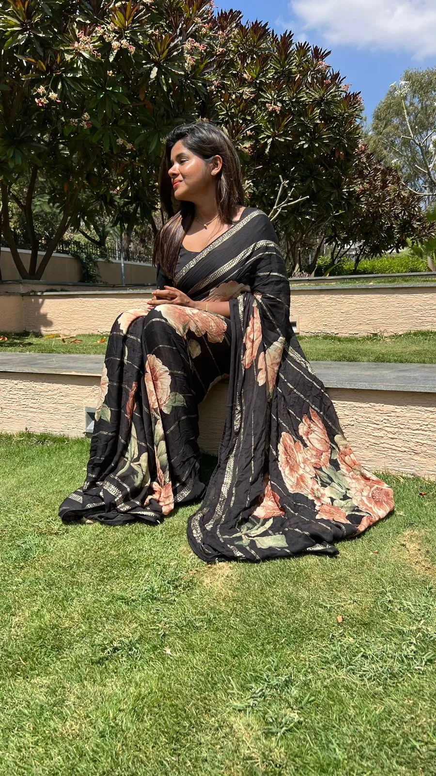 Black chiffon floral saree with handworked blouse