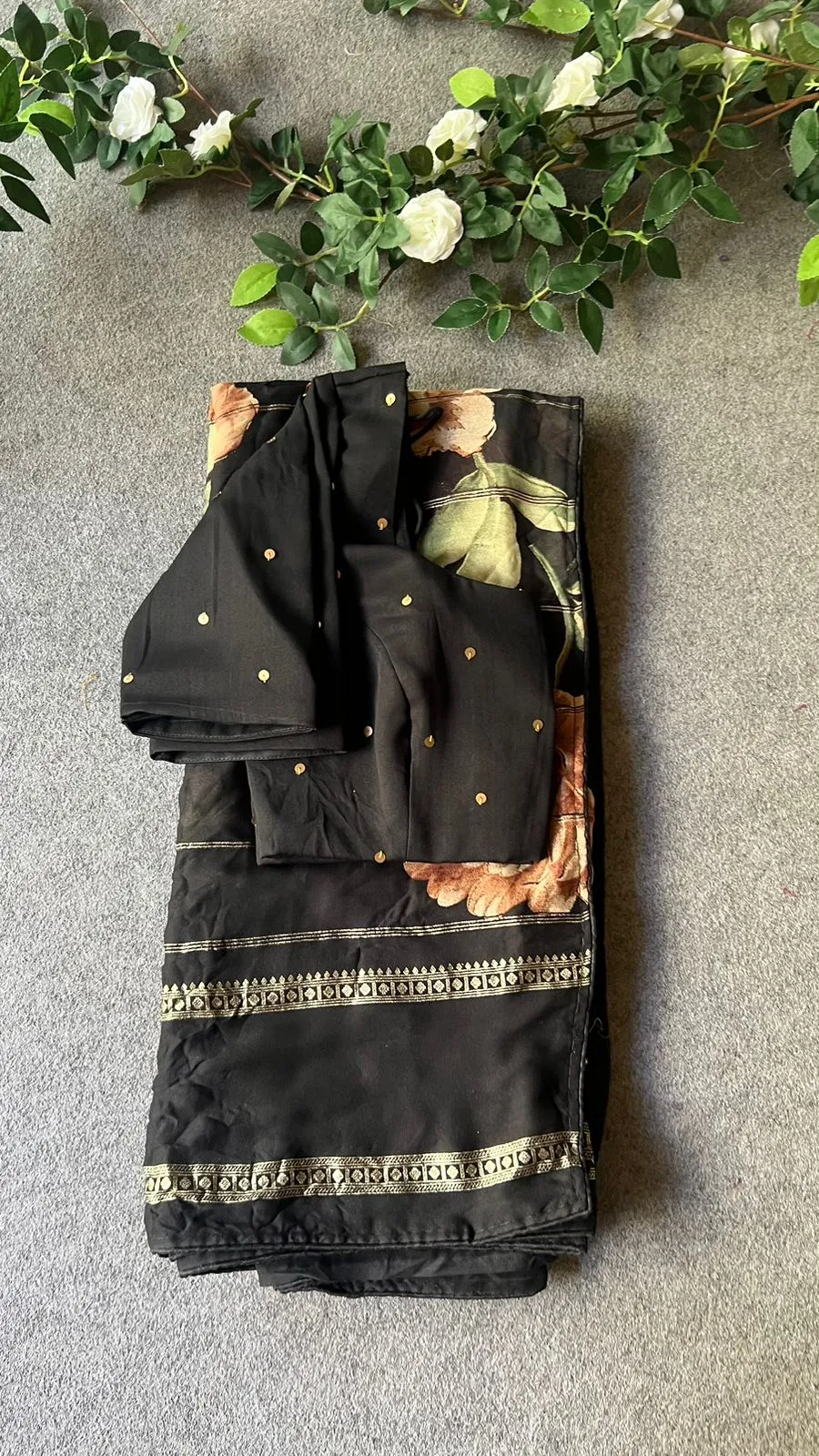 Black chiffon floral saree with handworked blouse