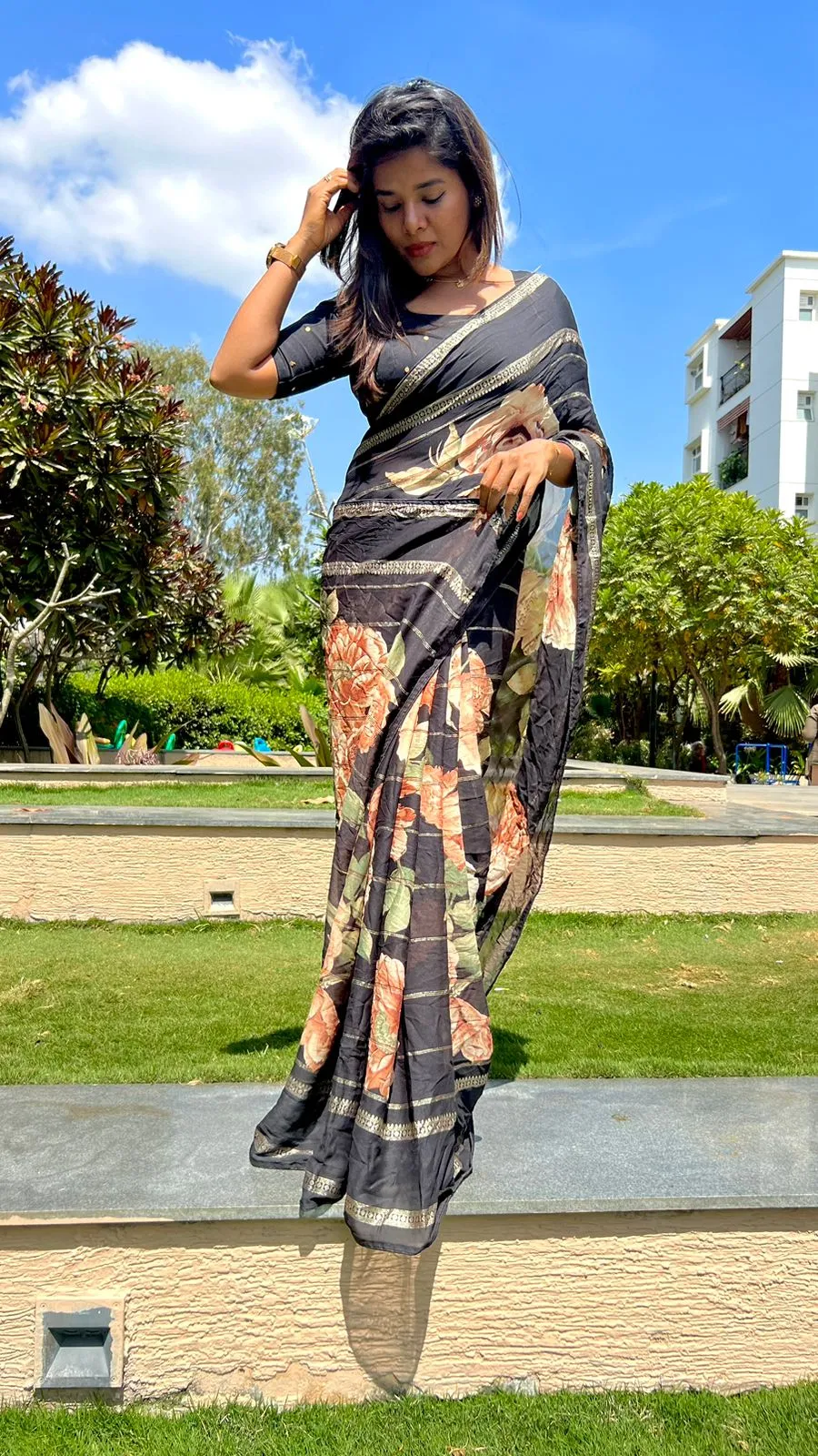 Black chiffon floral saree with handworked blouse