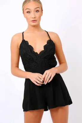 Black Crochet Cross Back Playsuit - Quinn