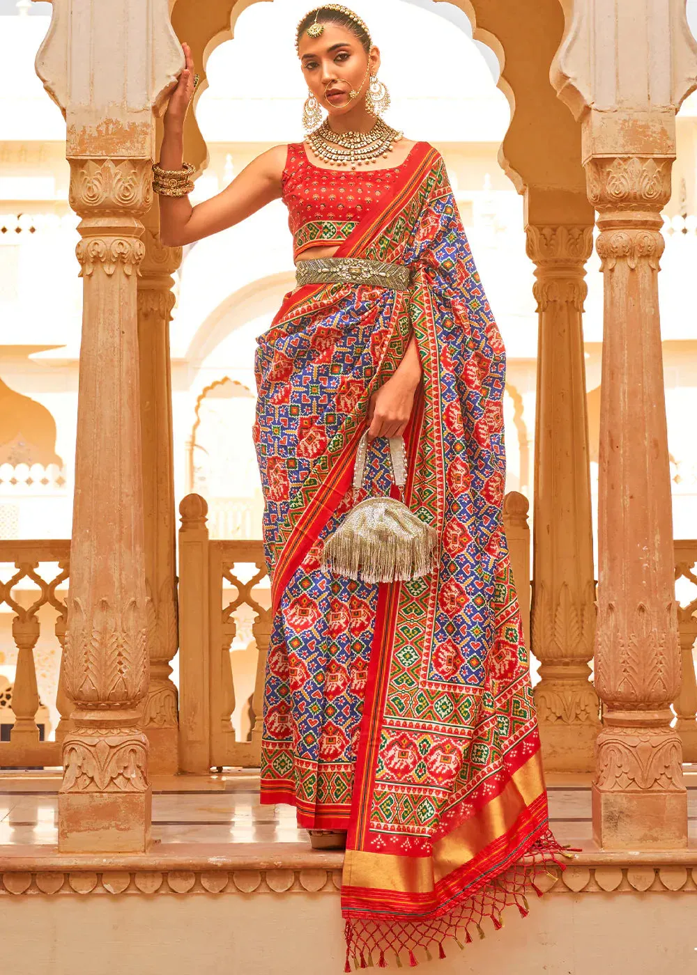 Blue & Red Printed Patola Tussar Silk Saree