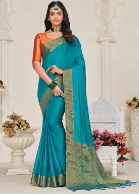 Cerulean Blue Woven Chinon Silk Saree