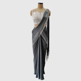 Charcoal Grey Pre-Draped Saree With A Pale Pink Sequin Blouse