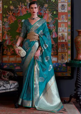 Dark Cerulean Blue Handloom Woven Dual Tone Organza Silk Saree with Sequins Work