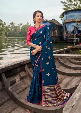 Designer Dark Blue Printed Chiffon Saree for Women With Blouse