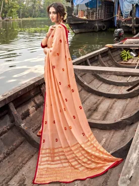 Designer Light Orange Printed Chiffon Saree for Women With Blouse