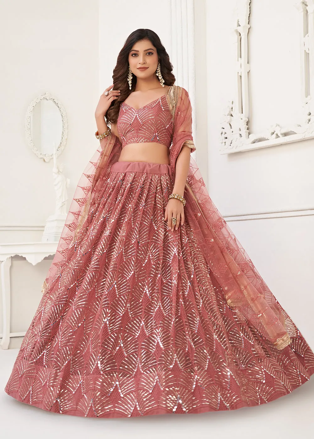 Embroidered Net Pink Sangeet & Wedding Wear Lehenga Choli