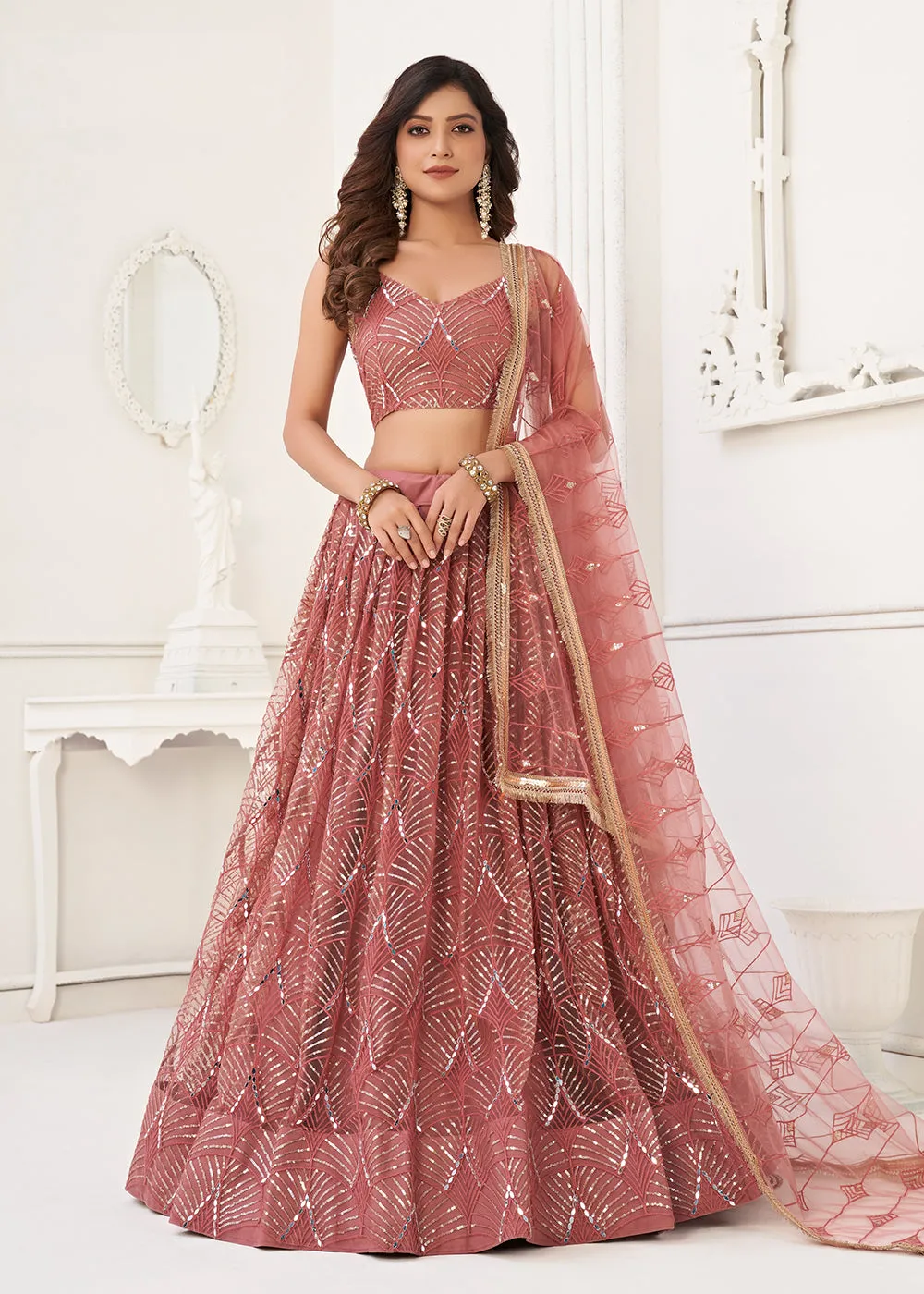 Embroidered Net Pink Sangeet & Wedding Wear Lehenga Choli