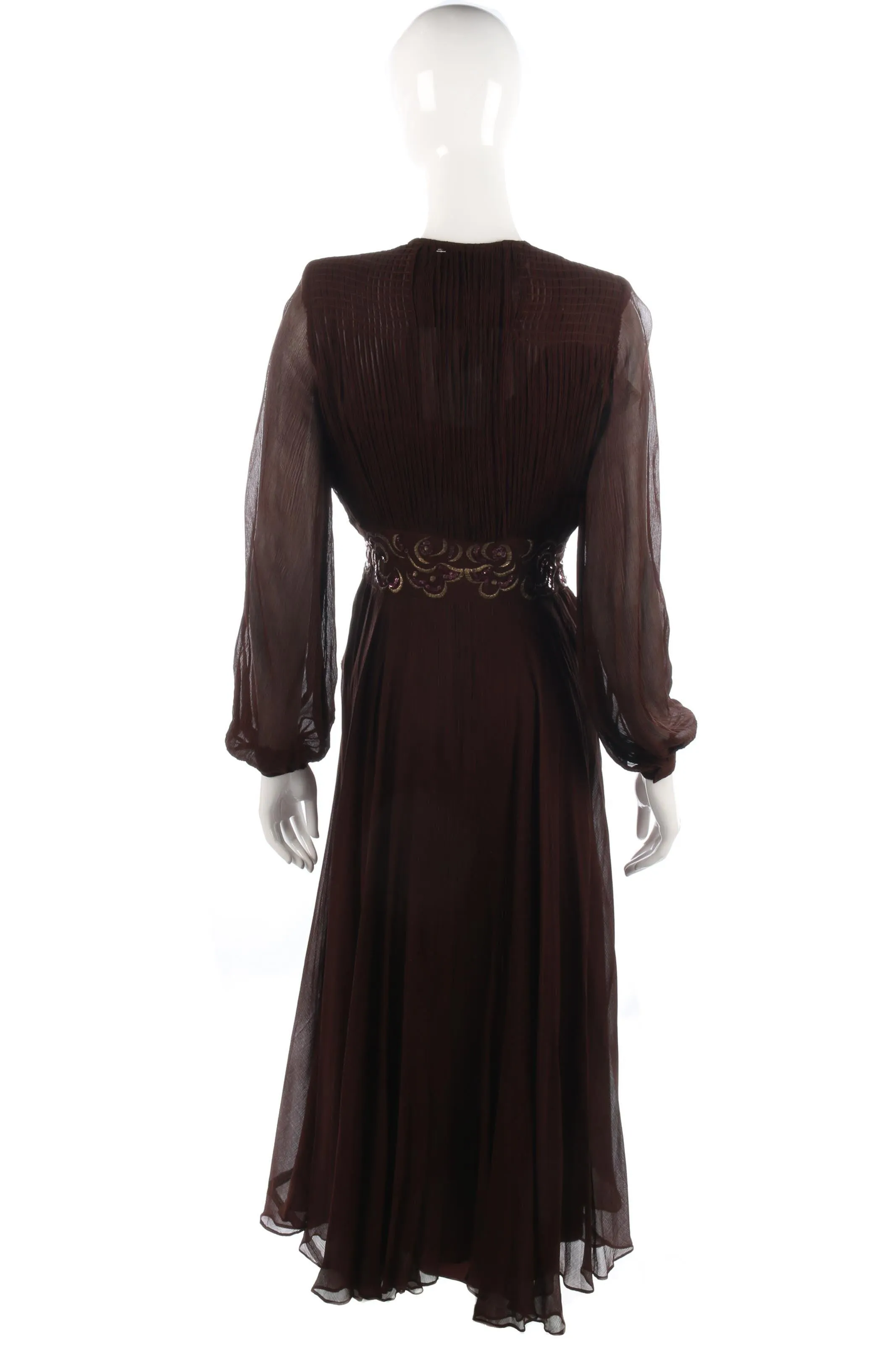 Fabulous silk chiffon brown vintage dress with sequin waist size S