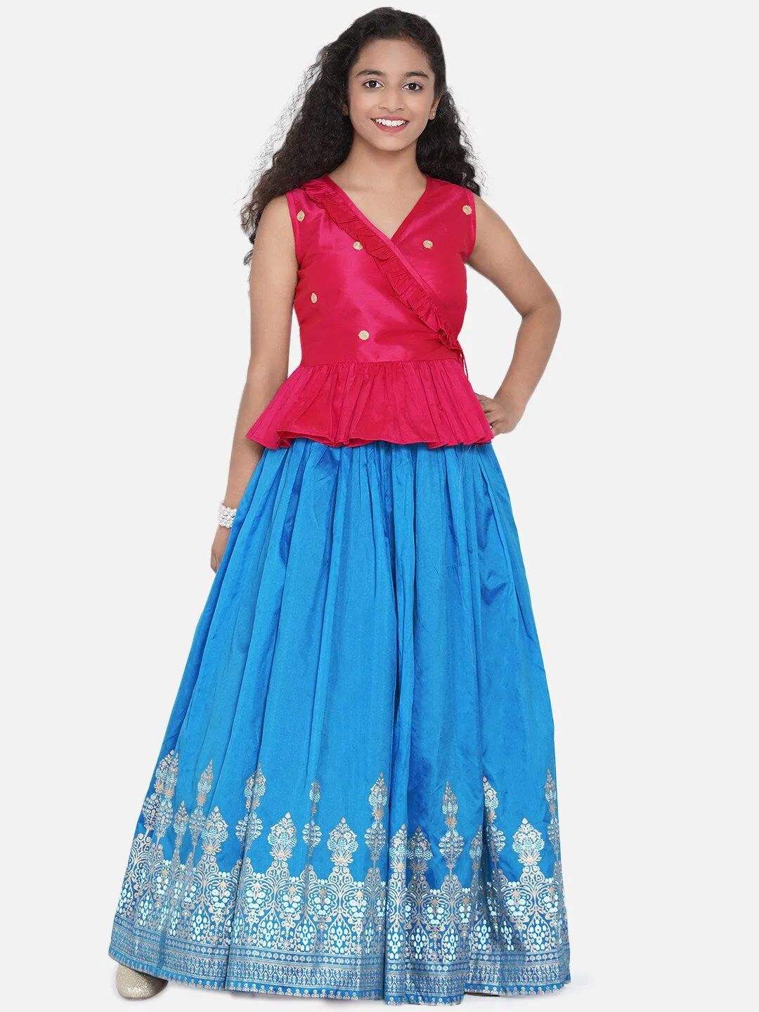 Girls Pink & Blue Embellished Khari Print Ready To Wear Lehenga