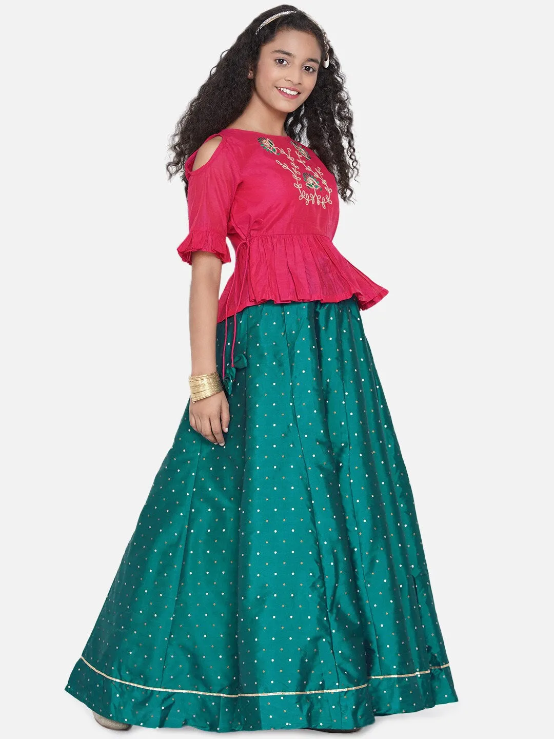 Girls Pink & Green Embroidered Ready To Wear Lehenga Choli