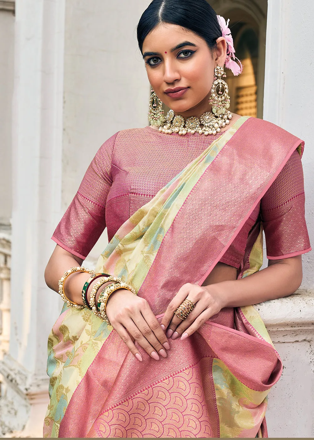 Green & Pink Zari Woven Organza Silk Saree