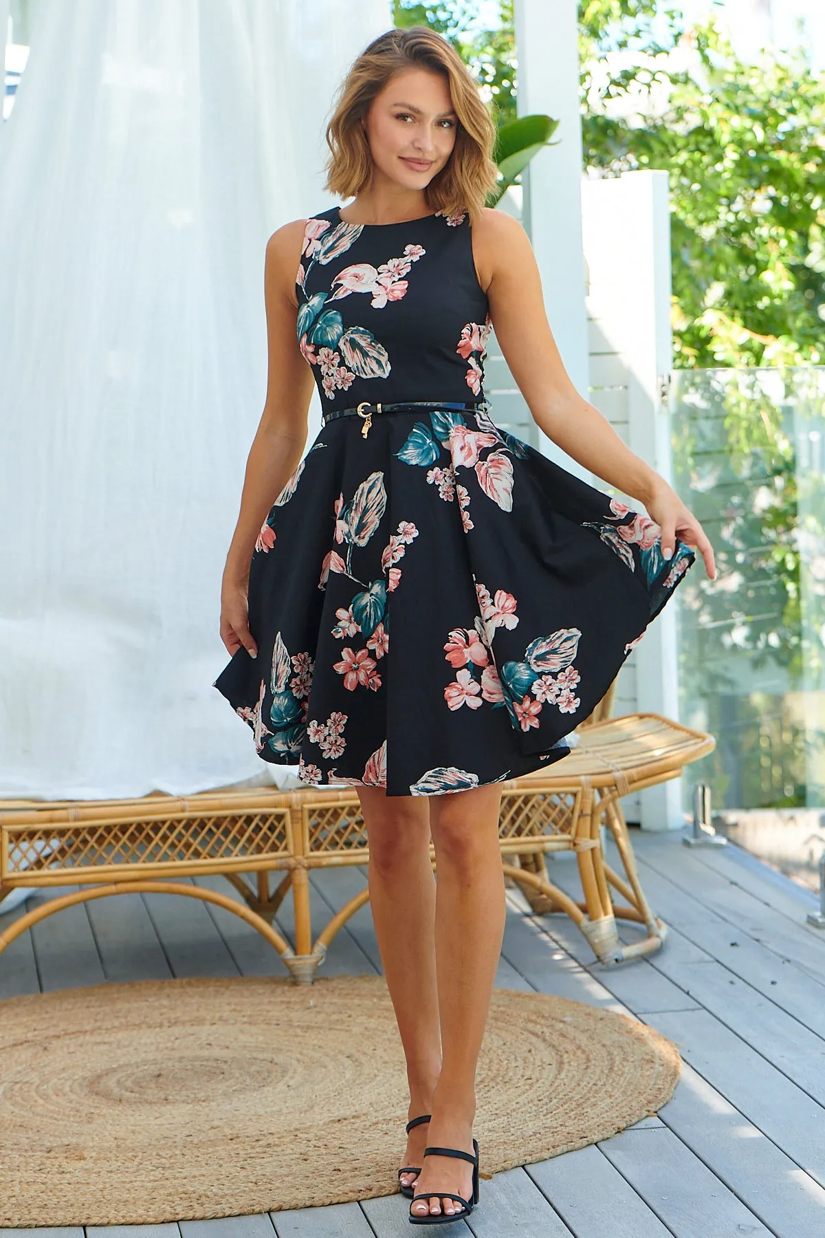 Ibigale Black/Pink Floral Belted Aline Classic Dress