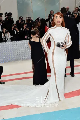 Ice Spice 2023 Met Gala White Mermaid Celebrity Long Train Dress