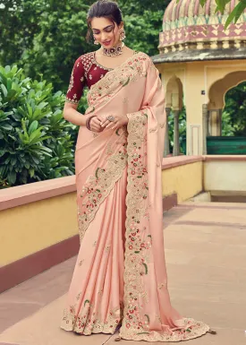 Light Peach Pink Designer Organza Saree with Intricate Embroidery work