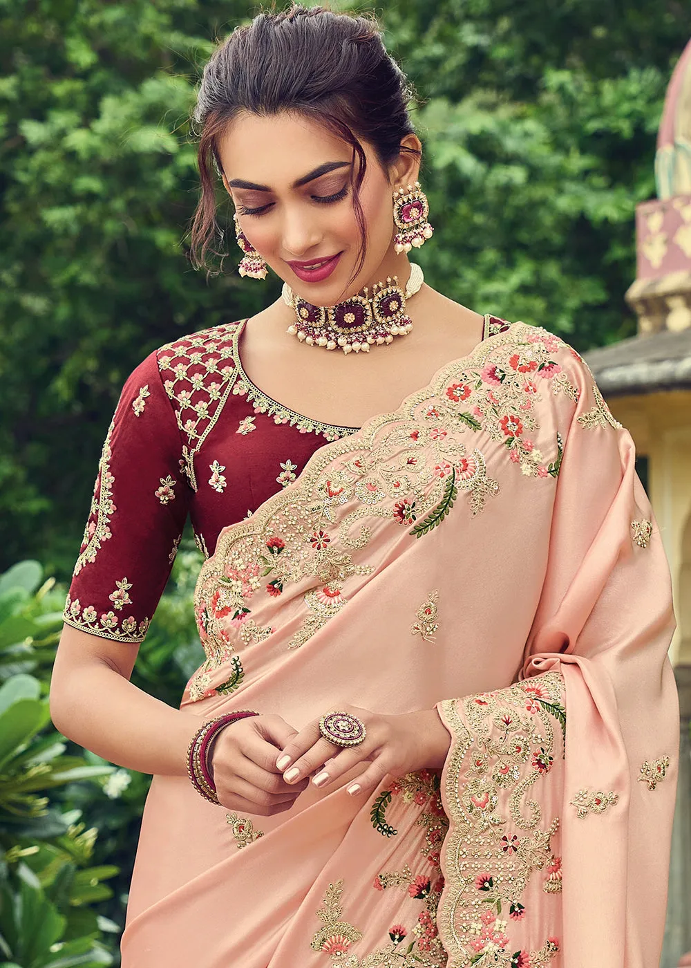 Light Peach Pink Designer Organza Saree with Intricate Embroidery work