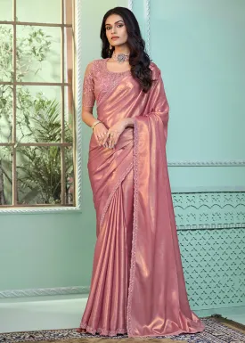 Lovely Two Tone Pink Embroidered Wedding Party Wear Saree