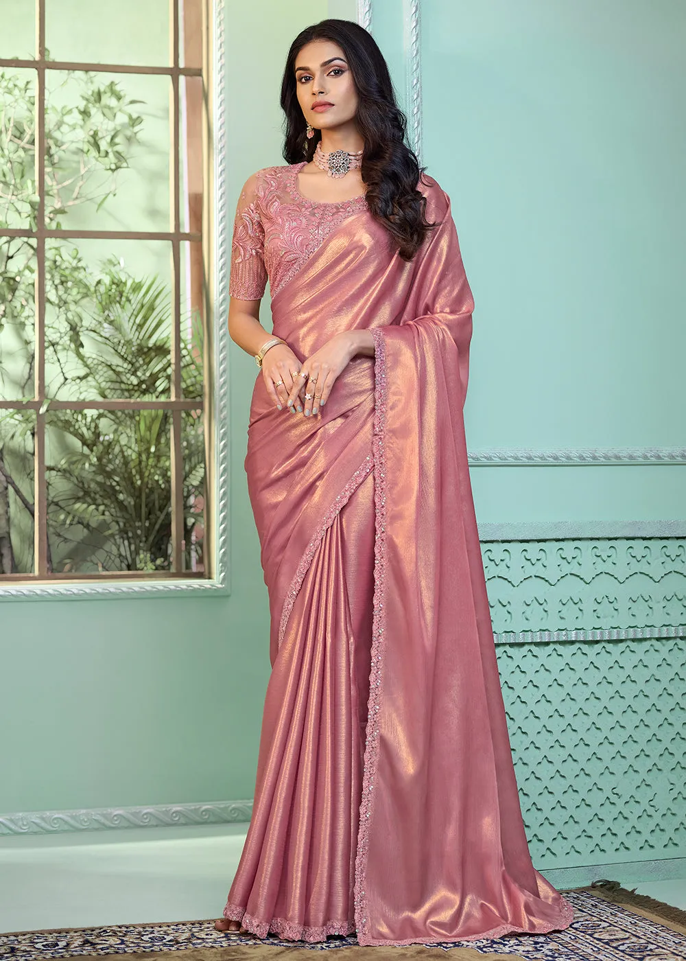 Lovely Two Tone Pink Embroidered Wedding Party Wear Saree