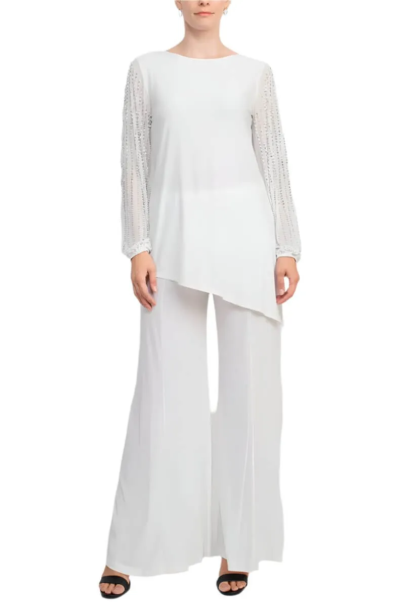 Marina Boat Neck Embellished Chiffon Long Sleeve Asymmetrical Hem and Elastic Mid Waist Wide Leg  Two Piece Set Pant