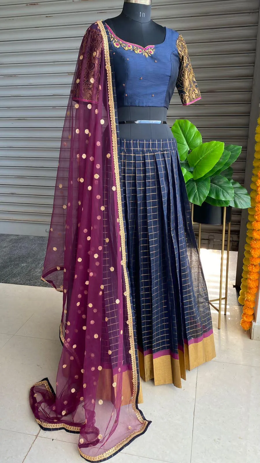 Midnight blue silk embroidery hand worked lehenga