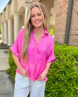 No Matter What Pink V Neck Collared High Low Hem Blouse