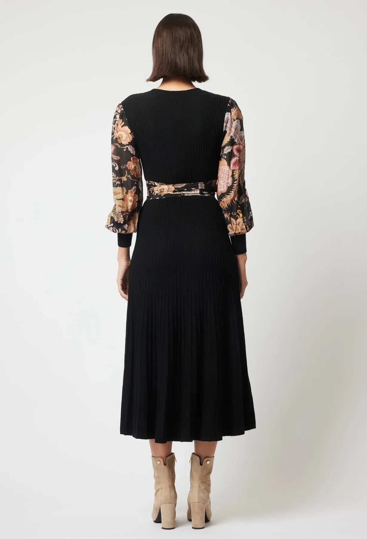 ONCE WAS EMPRESS MERINO WOOL KNIT DRESS IN BLACK/WINTER FLORAL