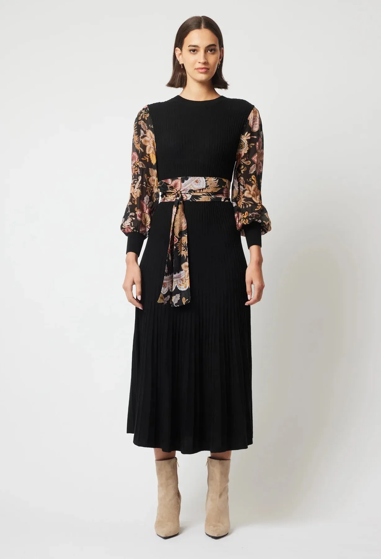 ONCE WAS EMPRESS MERINO WOOL KNIT DRESS IN BLACK/WINTER FLORAL